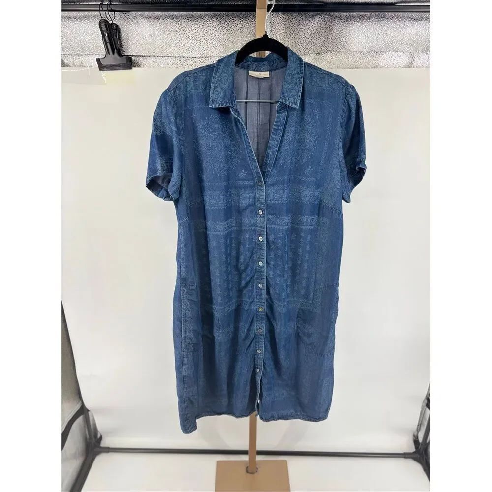 J. Jill Denim Indigo Print Tencel Shirt Dress Size M Boho Cottagecore